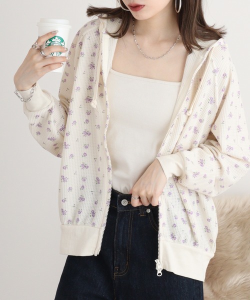 JEMORGAN パーカー ワッフル花柄ZIPパーカ レディース