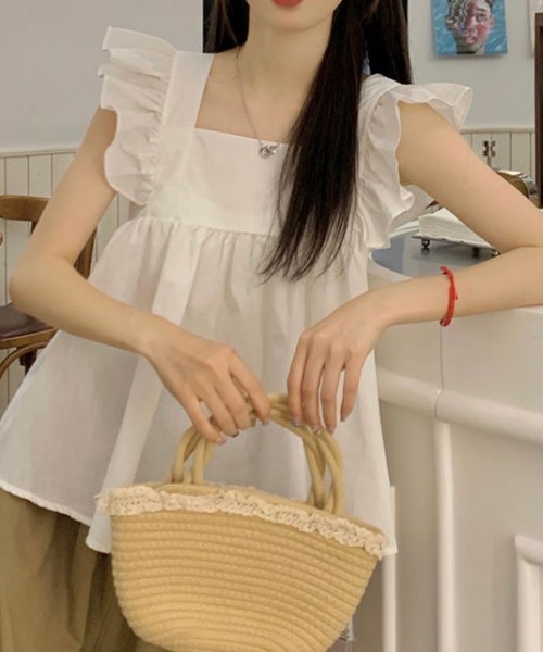 Achic tシャツ スクエアネックフリルノースリーブトップス