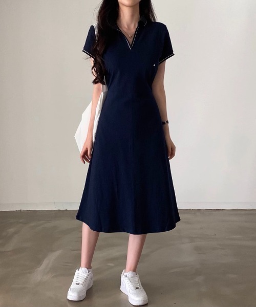 ワンピース deux deux amour ワンピース ライン入りスキッパーワンピース