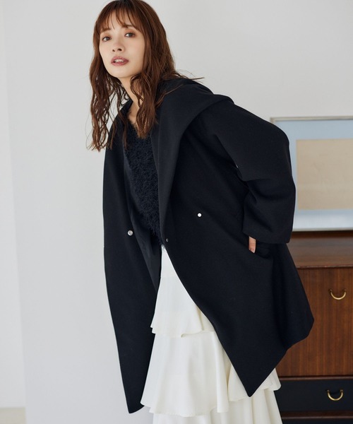 mysty woman BIGフードミドルコート mysty woman ノーカラーコート コート BIGフードミドルコート