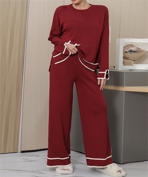 レディース ニットセーター ワイドパンツ セットアップ b10359 Dream garden ニット セーター 配色スリットニットワイドパンツ