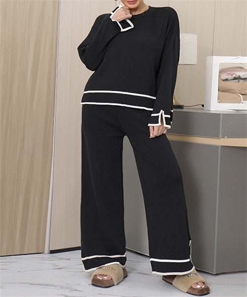 レディース ニットセーター ワイドパンツ セットアップ b10359 Dream garden ニット セーター 配色スリットニットワイドパンツ