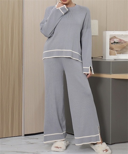レディース ニットセーター ワイドパンツ セットアップ b10359 Dream garden ニット セーター 配色スリットニットワイドパンツ