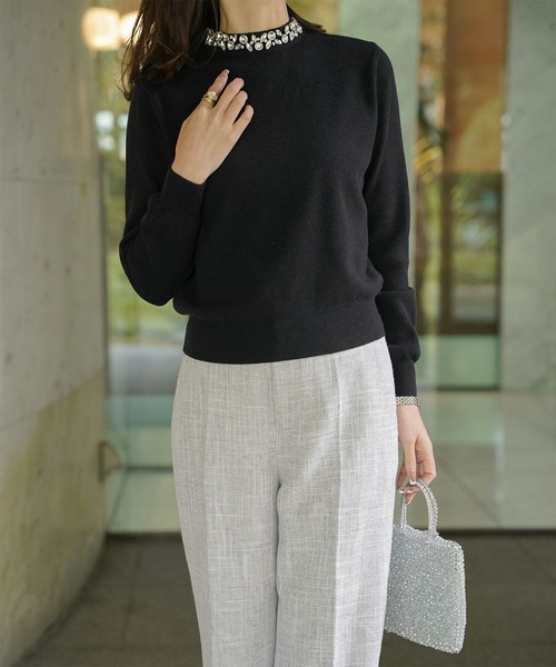 ニット セーター ビジューネック ニット プルオーバー HUIT レディース La-gemme ニット セーター ハートロゴニットプルオーバー
