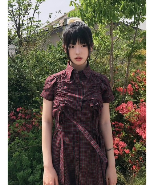 jouetie ギャザーリボンロングシャツワンピース レッド jouetie ワンピース 「再入荷」ギャザーリボンロングシャツ