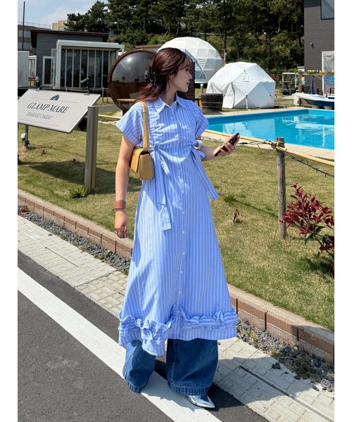 jouetieジュエティ☆ギャザーリボンロングシャツワンピース☆ブルー☆used jouetie ワンピース 「再入荷」ギャザーリボンロングシャツ