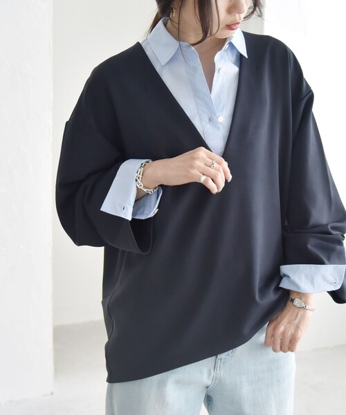 tシャツ quaranciel:「洗濯機可能」ダンボール コクーン Vネック プルオーバー レディース quaranciel tシャツ quaranciel:「洗濯機可能」ダンボール