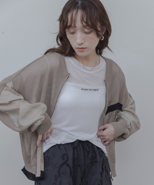 ニット セーター 布帛MIXメッシュニットブルゾン レディースの画像