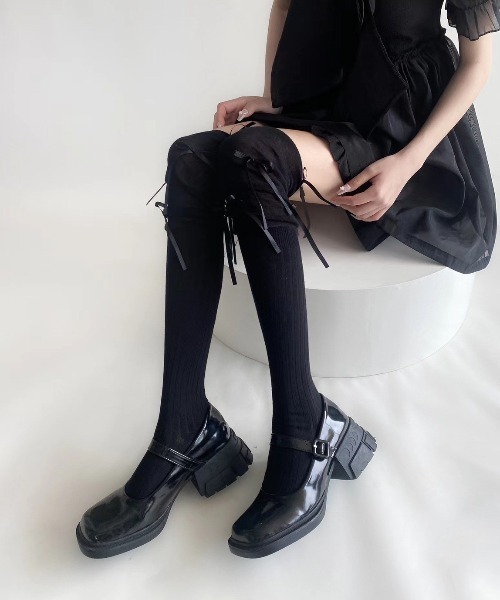 UP START 靴下 「LAMPOON」リボンニーハイソックス レディース