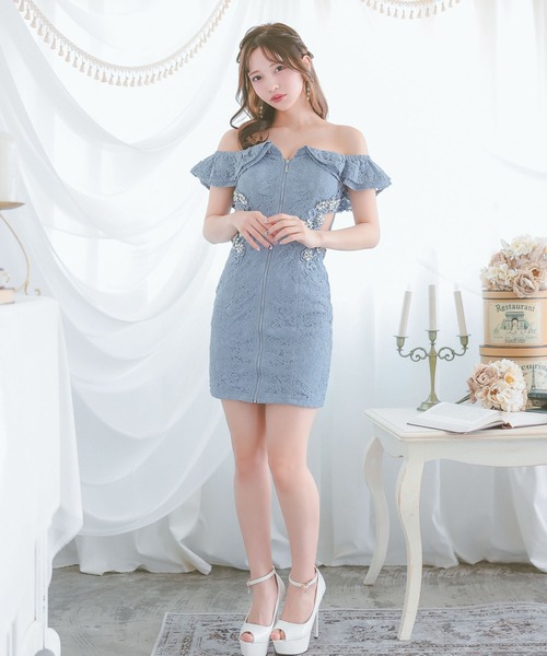 カットオフショルダー 片側フリル袖 タイトドレス 4色 S-2XL Tika ドレス キャバドレスオフショルダーフリル袖 フロント