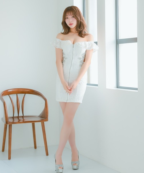 キャバドレス 袖レース 谷間魅せ Vネック タイト ミニ丈 フリル Tika ドレス キャバドレスオフショルダーフリル袖 フロント