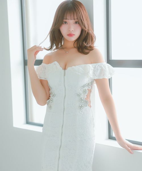 オフショルダー フリル ロングドレス シアー Tika ドレス キャバドレスオフショルダーフリル袖 フロント