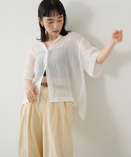 Omekashi ブラウス シャツ シアーリネンハーフスリーブシャツ