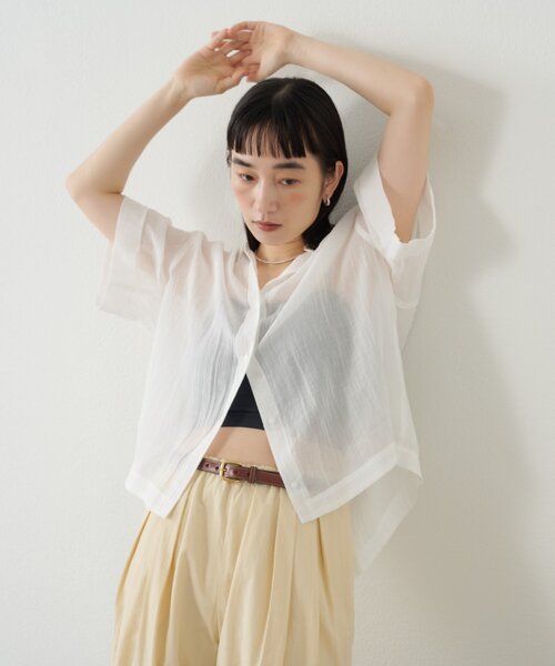 Omekashi ブラウス シャツ シアーリネンハーフスリーブシャツ