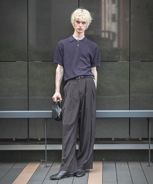 HARE スラックス ストライプディープタックワイドストレート