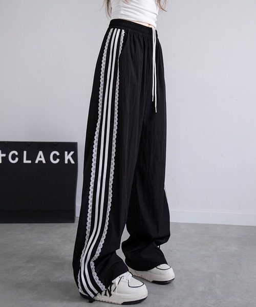 ワイドパンツ パンツ シャリ感素材サイドレーストラックパンツ