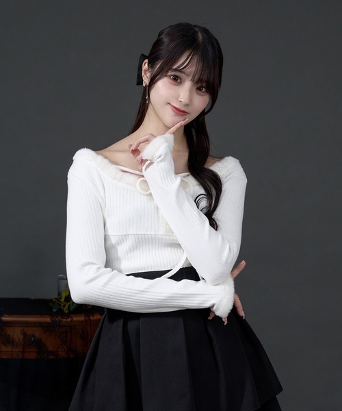 Pal elfy tシャツ ファー付きカットリブトップス レディース