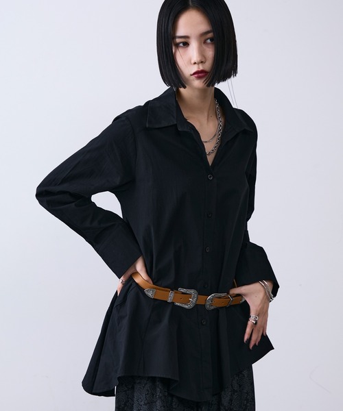 MHL. ベルト付ロングシャツワンピース 黒 I 日本製 綿100% 羽織りOK Honeys（ハニーズ） ワンピース シャツワンピース ロング丈 大きい