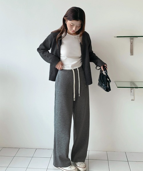 ワイドパンツ パンツ 「選べる丈感」裏起毛フラットウエストワイド
