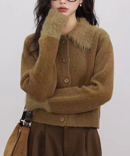 カーディガン ファー切り替え襟付きリブニットカーディガン レディース