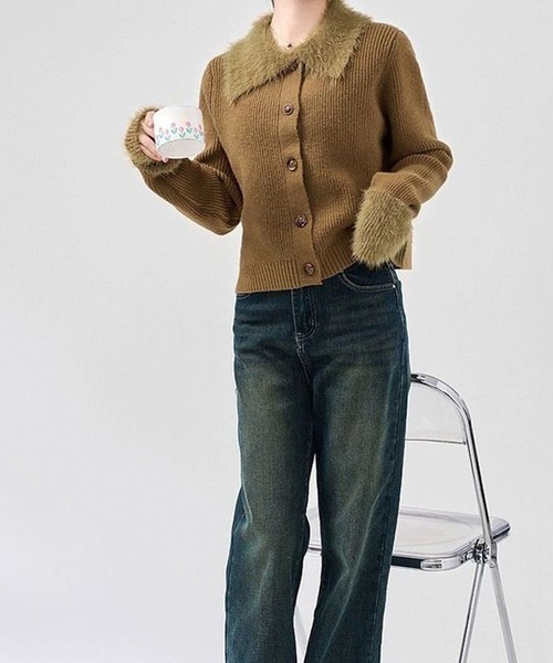 カーディガン ファー切り替え襟付きリブニットカーディガン レディース