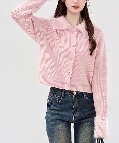 カーディガン ファー切り替え襟付きリブニットカーディガン レディース