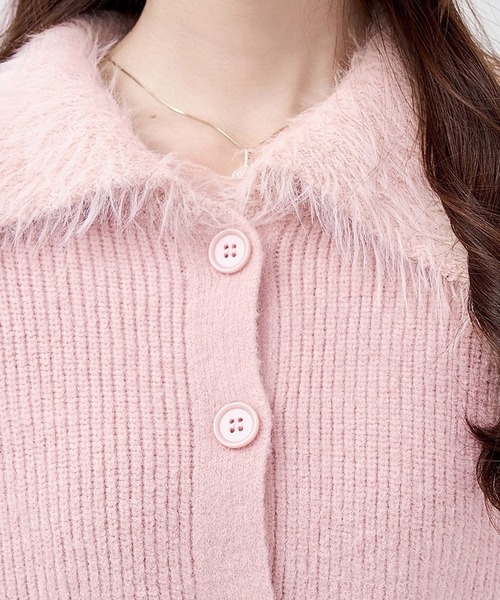 カーディガン ファー切り替え襟付きリブニットカーディガン レディース