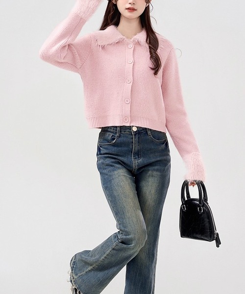 カーディガン ファー切り替え襟付きリブニットカーディガン レディース