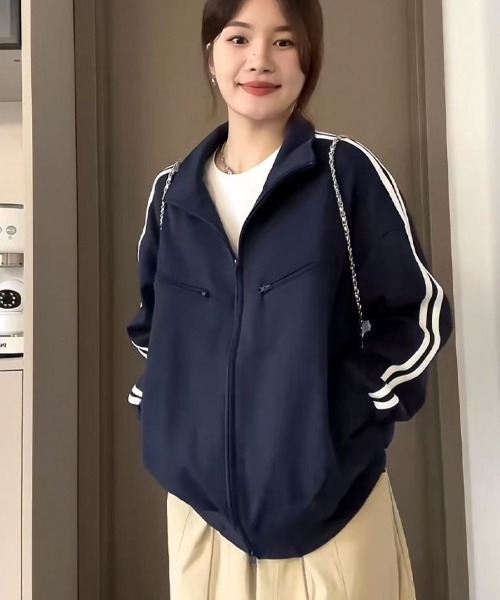 LETee パーカー 袖ラインジップジャケット/4ポケッツ レディース