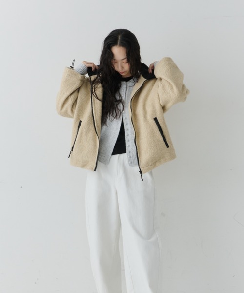 NUJOH ジャケット ノーカラージャケット Contrast Zip Boa Jacket