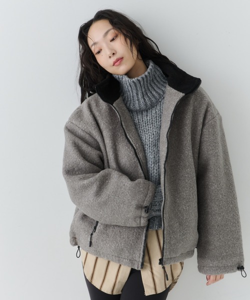 NUJOH ジャケット ノーカラージャケット Contrast Zip Boa Jacket