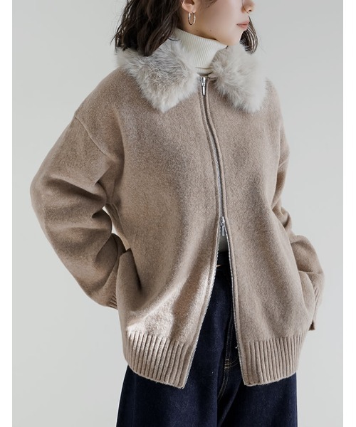 Re:EDIT（リエディ） カーディガン フェイクファー襟ダブルジップ