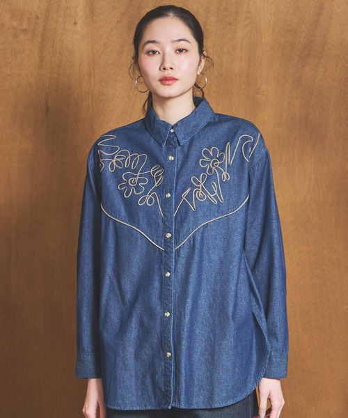＊新品＊刺繍入りデニムシャツ　大きいサイズ　メンズ　レディース SOMETHING（サムシング） ブラウス シャツ コード刺繍デニムシャツ