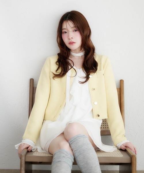 fupel ジャケット ノーカラージャケット gold button knit jacket