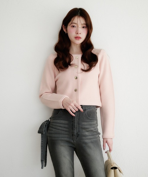 fupel ジャケット ノーカラージャケット gold button knit jacket