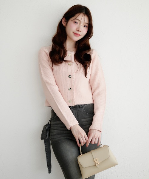 fupel ジャケット ノーカラージャケット gold button knit jacket