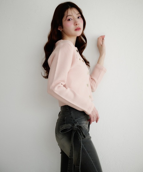 fupel ジャケット ノーカラージャケット gold button knit jacket