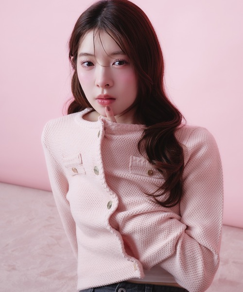 美品　 ピンクノーカラージャケット　ボタンゴールド fupel ジャケット ノーカラージャケット gold button knit jacket