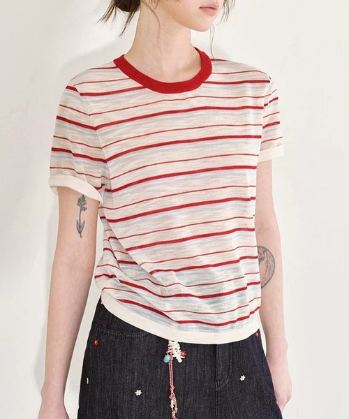 tシャツ マルチボーダー 半袖ニットトップス FX26S236「Fano Studios 