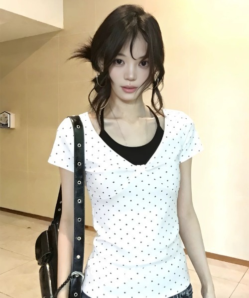 tシャツ ドット柄 ×V ネック  半袖 T シャツ レディース | ブランド登録なし | 10