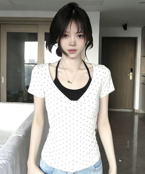 tシャツ ドット柄 ×V ネック  半袖 T シャツ レディース | ブランド登録なし | 12