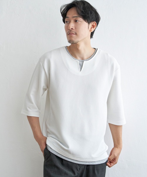 ikka tシャツ 「吸水速乾」キーネックレイヤード7分袖Tシャツ