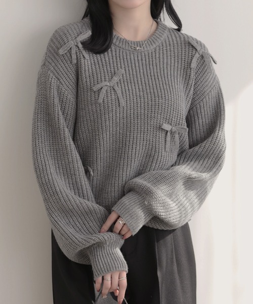 Drawer 黒 リボン付き長袖ニット wcj】リボン付きニットセーター 長袖トップス レディース黒 冬 若槻