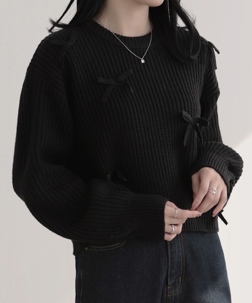 ニット セーター ミニリボンプルオーバー レディース 31 Sons de mode ニット セーター WASHABLE肩リボンミニ