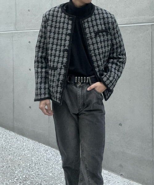 通販生活 ファッション Otte ダークチェックツイード ノーカラージャケット ジャケット ジャケット・アウター