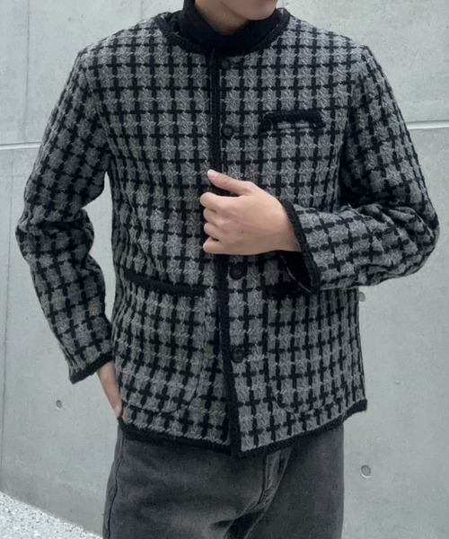 Otte ノーカラーチェックジャケット Otte ジャケット ノーカラージャケット ダークチェックツイード
