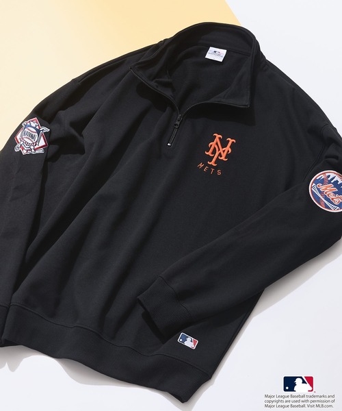 【MLB/メジャーリーグベースボール】 裏毛 ツイル ワッペン ライン リブフーディー  プルオーバーパーカー main image 1