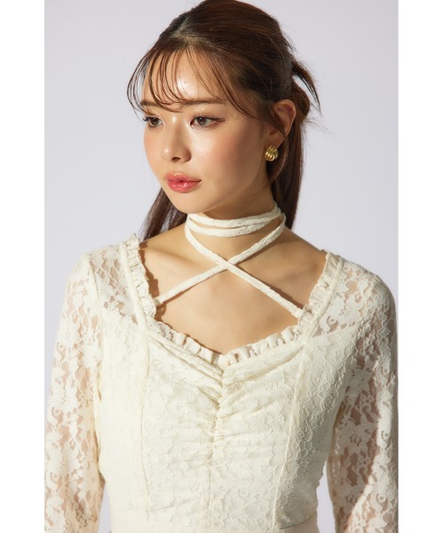 rienda ワンピース レーストップコンビフレアワンピース