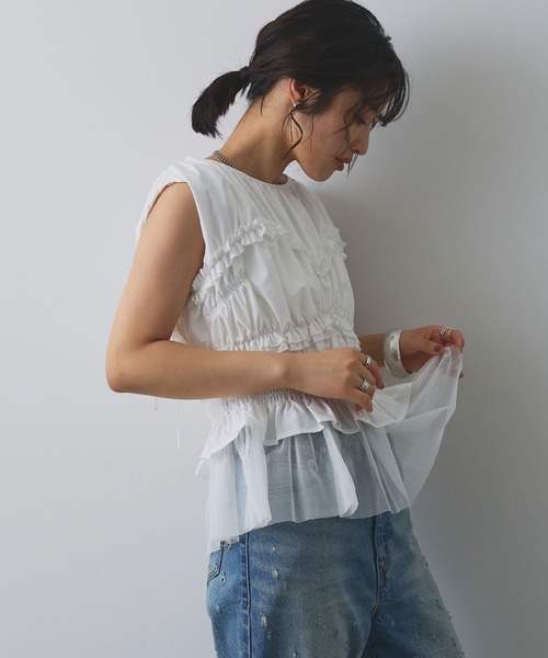 マルチサイズ ブラウス シャツ ノースリーブシャーリングチュニック レディース w closet ブラウス シャツ 「2WAY/3色展開」シャーリング