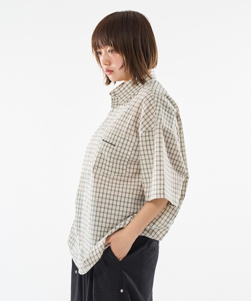 ROBINSON 短丈 チェックシャツ　シアサッカー ボックスシルエット セール】【HECT】Big W-pocket Draw Cord Seersucker Check S/S